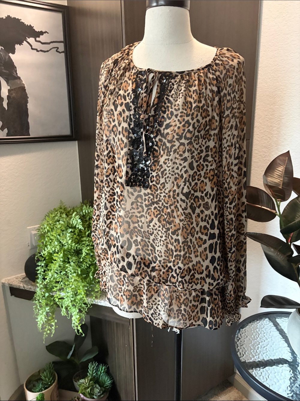 Sunny Leigh Leopard Print Sheer Blouse in Tan and Black